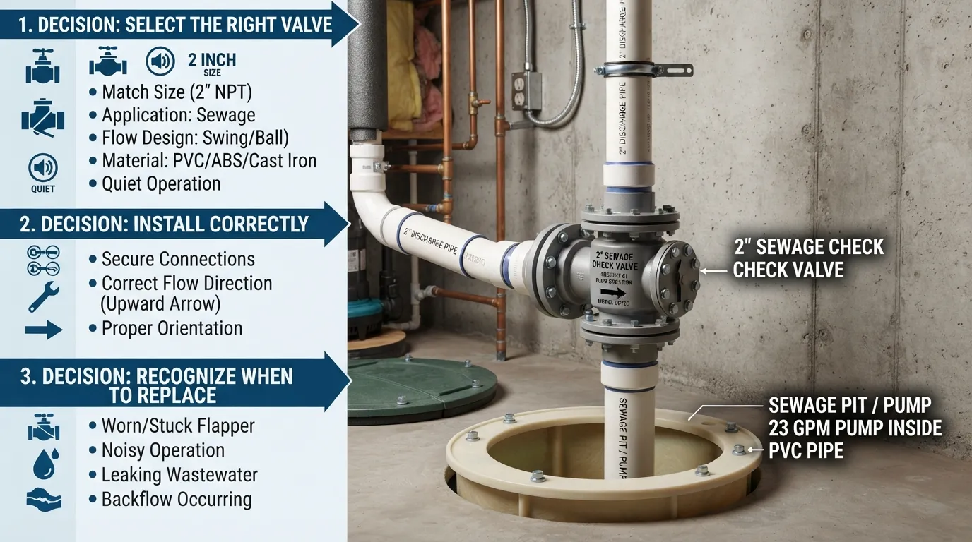 Diagram showing a 2 inch sewage check valve with key considerations for choosing, installing, and replacing the valve.