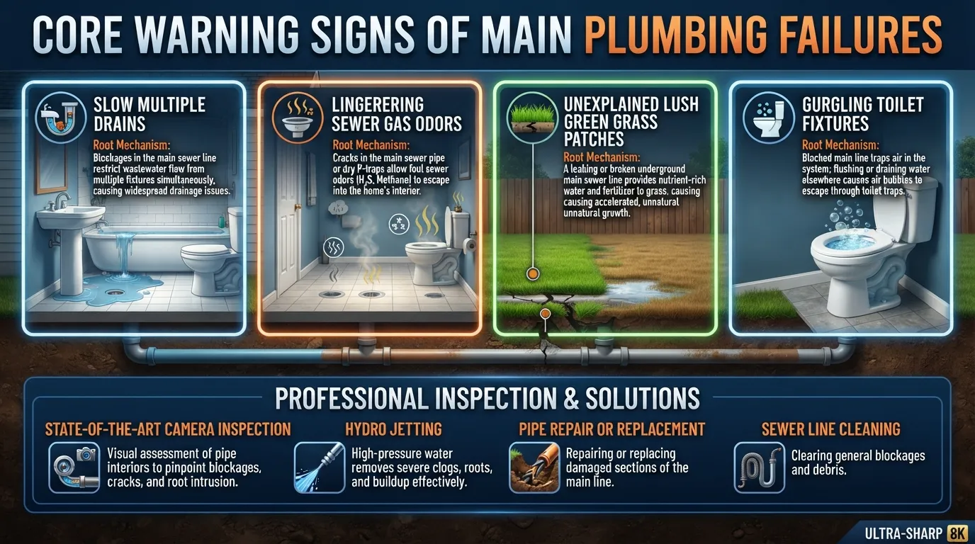 Infographic illustrating the four key warning signs of a broken sewer line, including slow drains, sewer odors, lush lawn patches, and gurgling toilets, with recommended action steps.