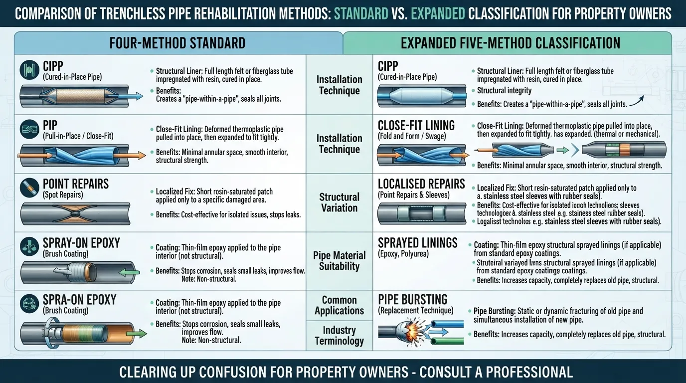 Infographic comparing the four-method versus five-method classification standards for trenchless sewer pipe lining.