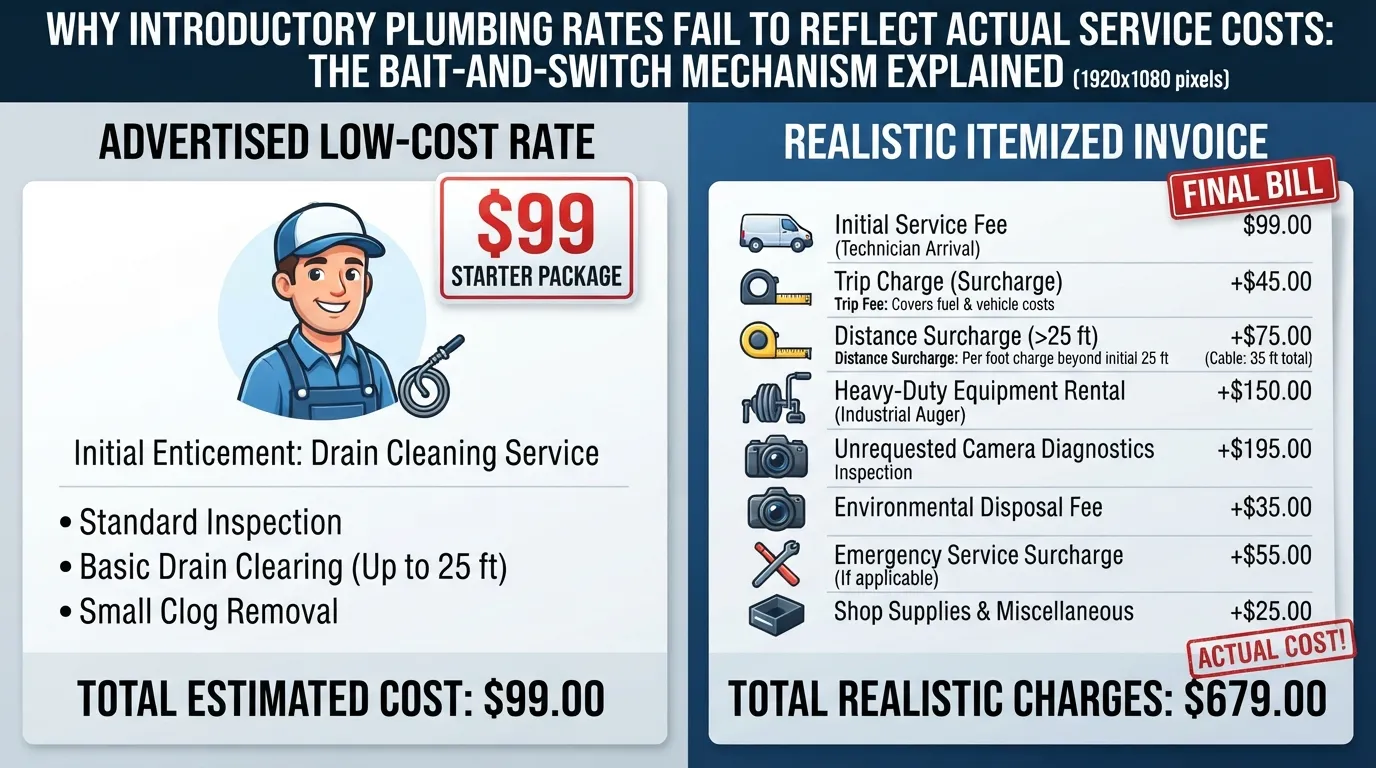 A detailed cost breakdown chart comparing an advertised 99 dollar drain cleaning promotion against the final invoice total with hidden fees.