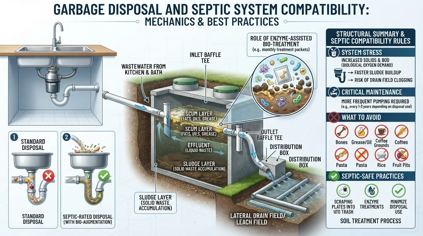 Cross-section diagram of a septic tank and septic-rated garbage disposal system showing solid waste separation and enzyme breakdown.