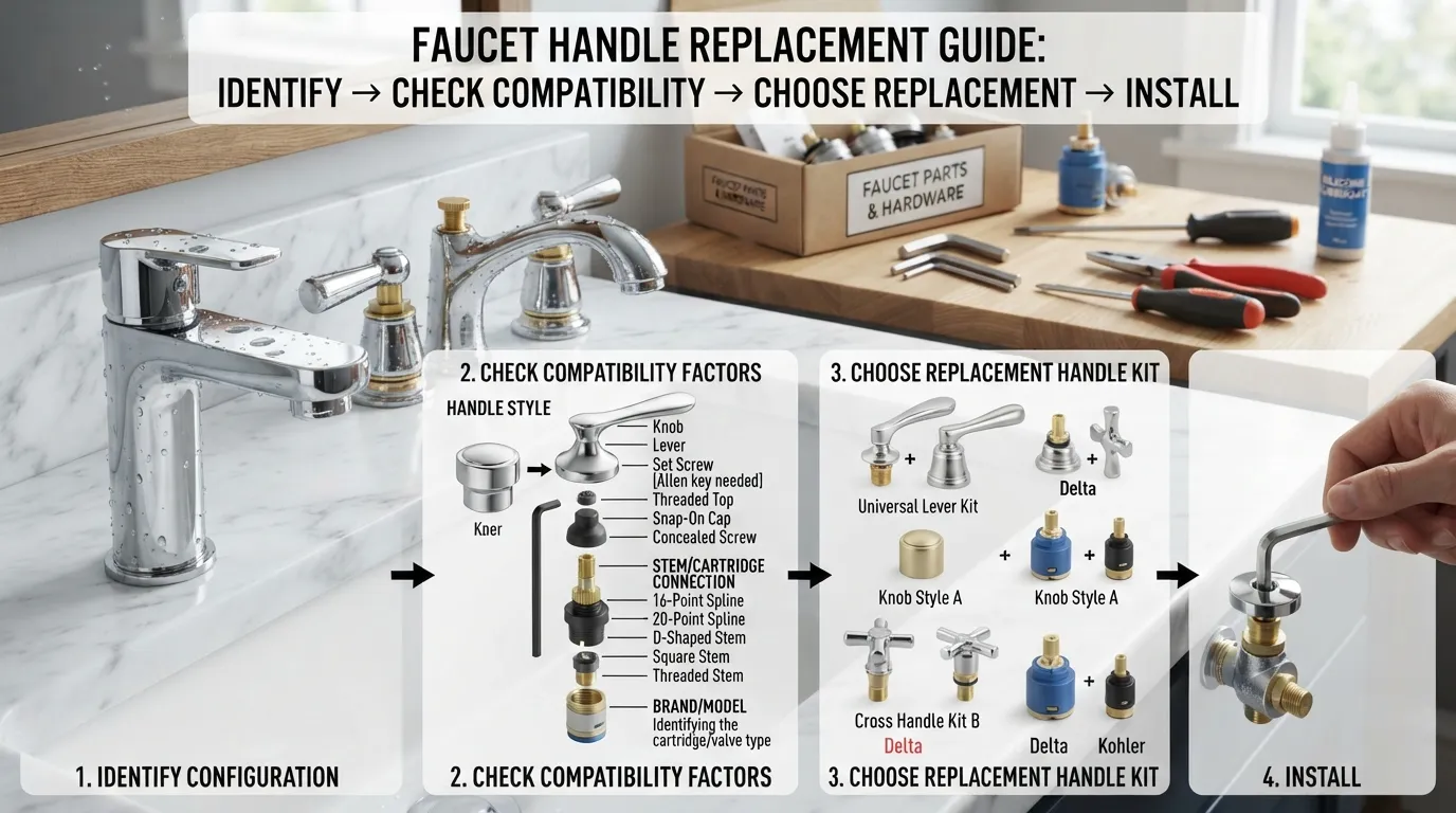 Bathroom faucet handle types including knob, lever, and cross handles with replacement and compatibility details for sink faucets