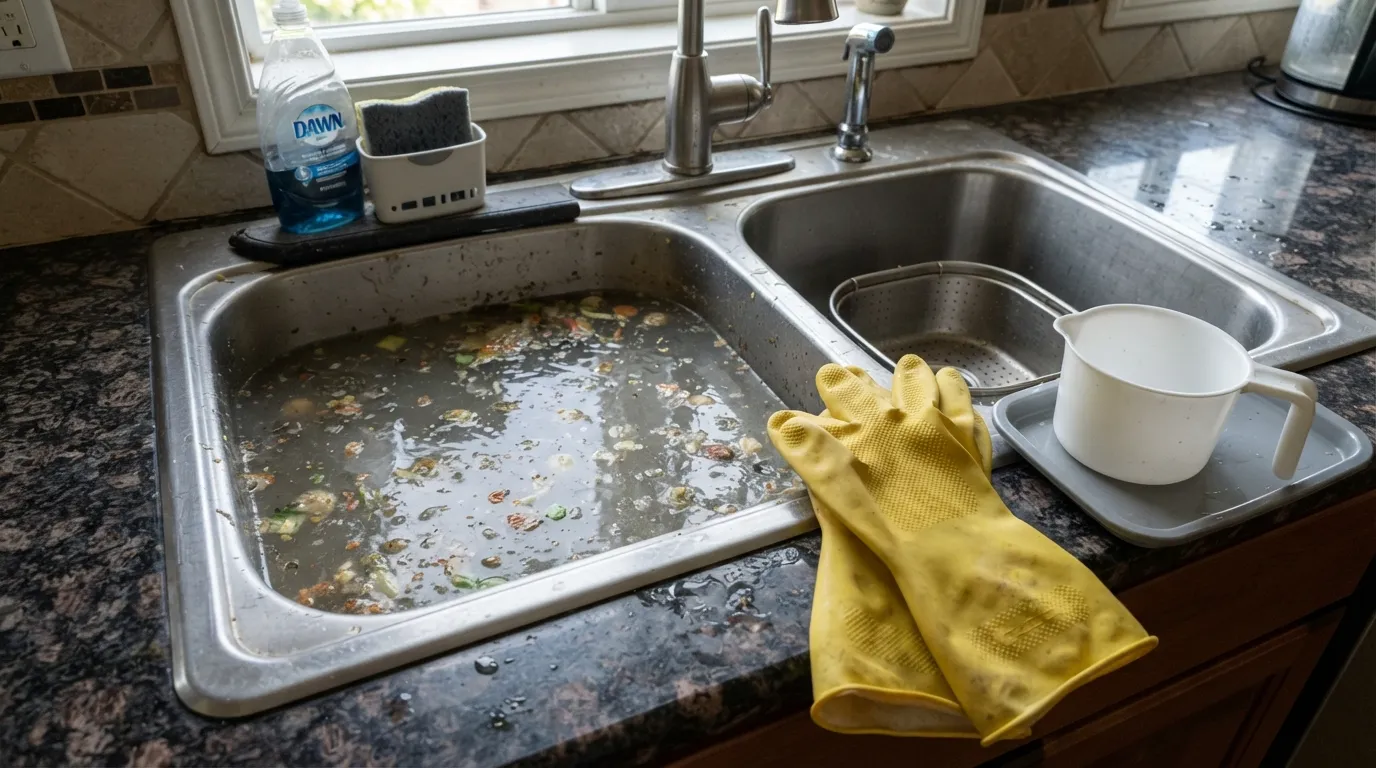 Close-up of a kitchen sink filled with dirty standing water, showing a person wearing protective rubber gloves ready to bail it out with a cup.