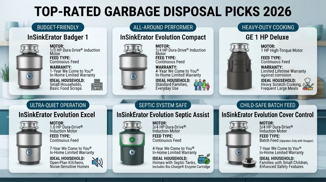 A comparison layout of top-rated garbage disposals for 2026 categorized by household scenarios, featuring budget, continuous feed, heavy-duty, quiet, septic-safe, and batch feed models.