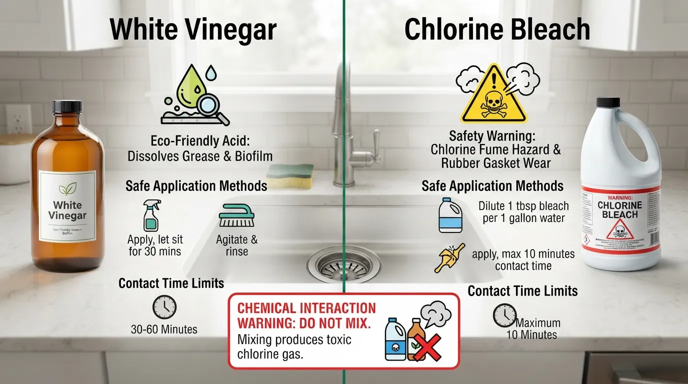 Side-by-side comparison of a bottle of household bleach and a bottle of white vinegar sitting next to a kitchen sink drain