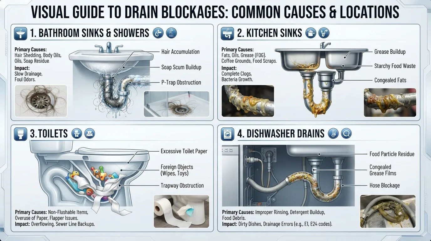 Infographic illustrating the primary causes of clogged drains across bathroom sinks, kitchen sinks, toilets, and dishwashers, including hair, soap scum, grease, and food waste.