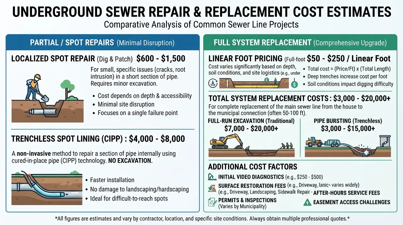 Infographic chart outlining the comparative costs of repairing versus replacing vitrified clay sewer lines, including linear foot pricing and trenchless options.