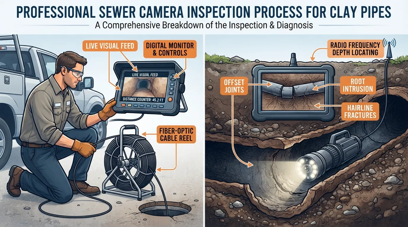 Professional sewer camera monitor displaying root intrusion and a structural crack inside an underground clay pipe during a diagnostic inspection.