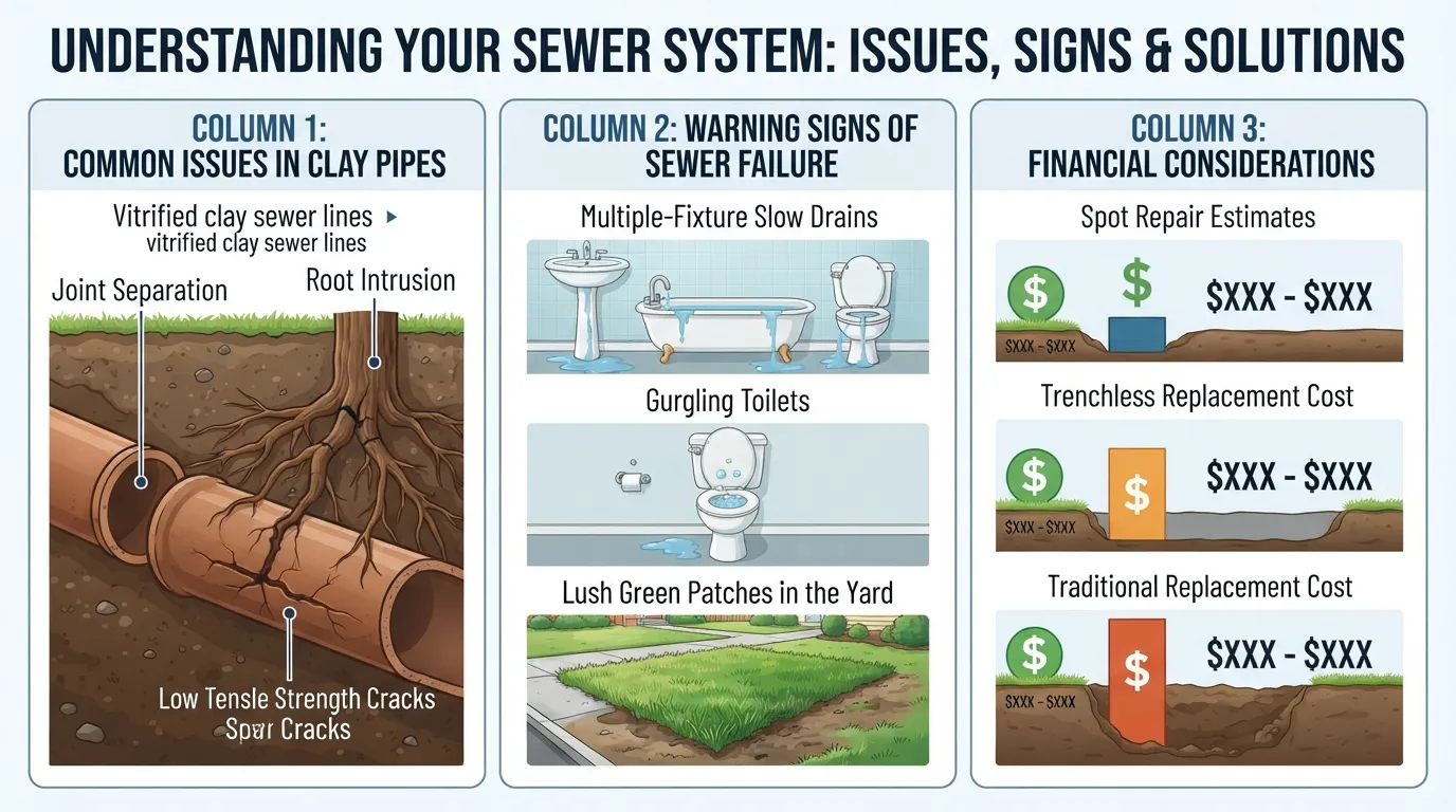 Cross-section diagram illustrating common clay sewer pipe problems like root intrusion, joint separation, and pipe bellies alongside warning signs and repair cost breakdowns.