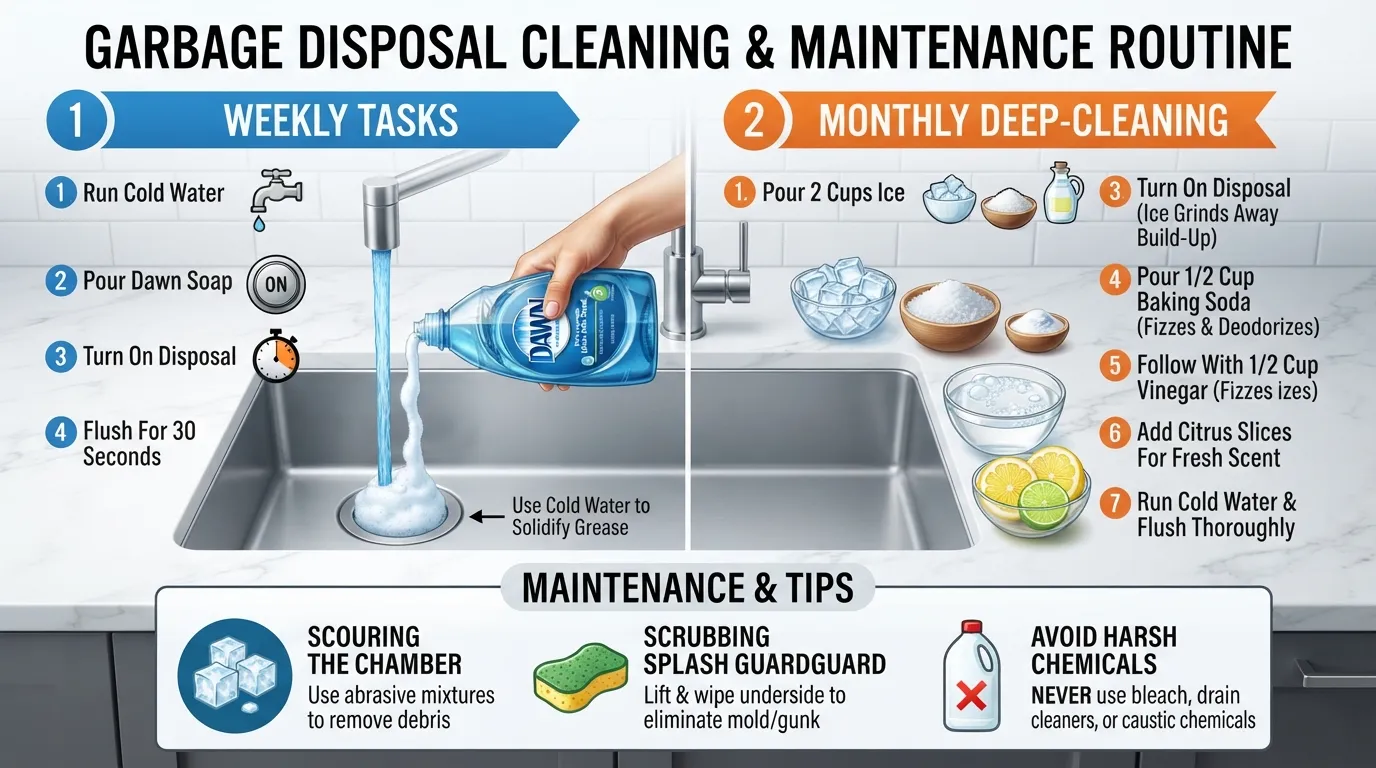 Step-by-step cleaning and maintenance routine for a kitchen garbage disposal showing safe tools, ice cubes, baking soda, and cold water