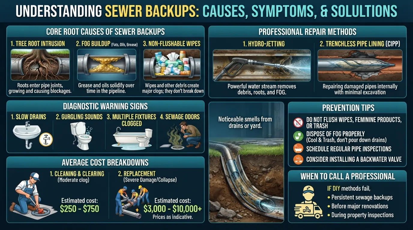 Infographic outlining the common causes of sewer backups, warning signs, repair costs, and professional fix options.