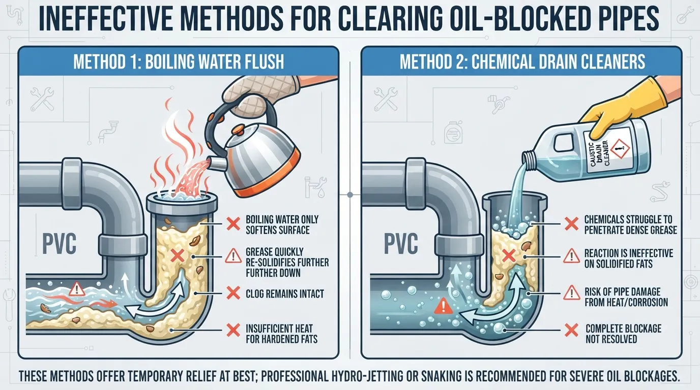 Infographic illustrating common drain-cleaning myths that fail to remove oil clogs, showing incorrect methods like boiling water or chemical cleaners.