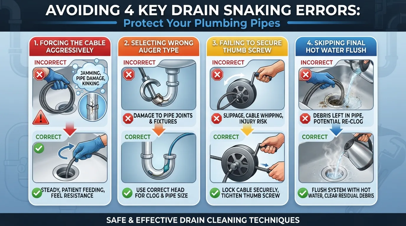 Close-up view of a person holding a drain snake incorrectly, illustrating common plumbing mistakes to avoid during DIY clog removal.