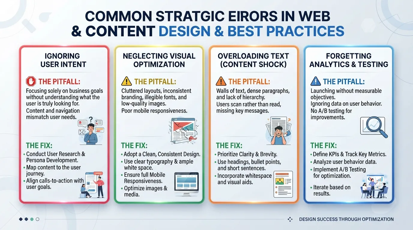 Infographic outlining major strategic pitfalls and common content mistakes to avoid, with clear icons and warning markers.