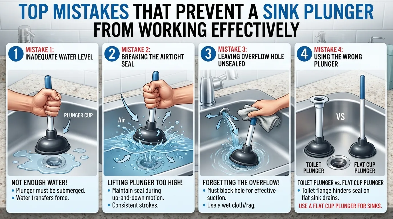 Infographic illustrating common plunging mistakes such as low water levels, unsealed overflow holes, and incorrect plunger types for a sink.