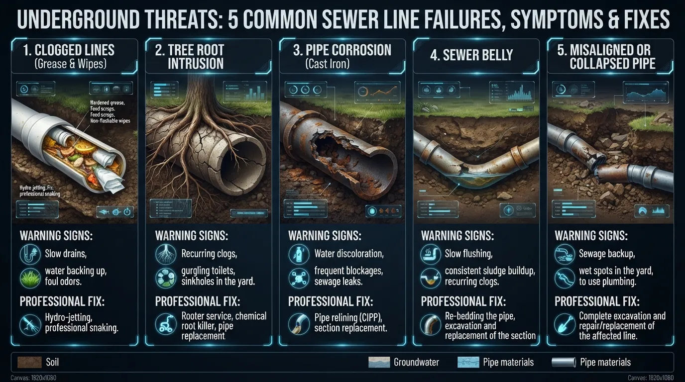 Infographic illustrating common sewer line issues like tree roots, pipe corrosion, and clogged lines alongside their primary warning signs and fixes.