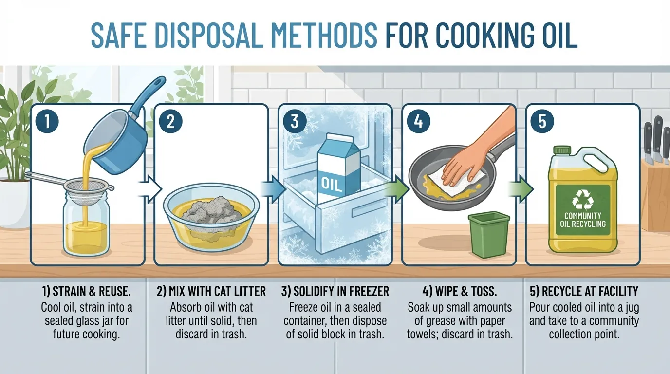 An infographic illustrating five safe ways to dispose of cooking oil without pouring it down the drain, including solidifying, freezing, and recycling.