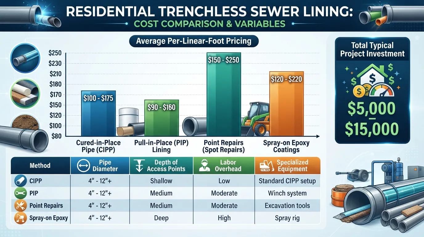 Infographic displaying a cost comparison table for trenchless sewer lining methods including CIPP, PIP, point repairs, and epoxy coating per linear foot.