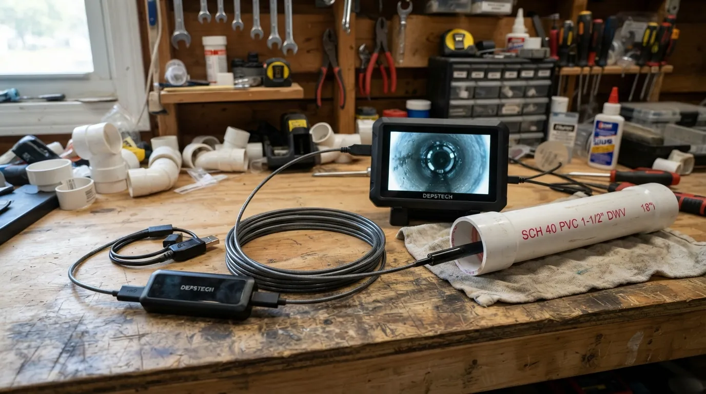 Close-up of a consumer-grade smartphone endoscope and push rod used for a DIY sewer camera inspection.
