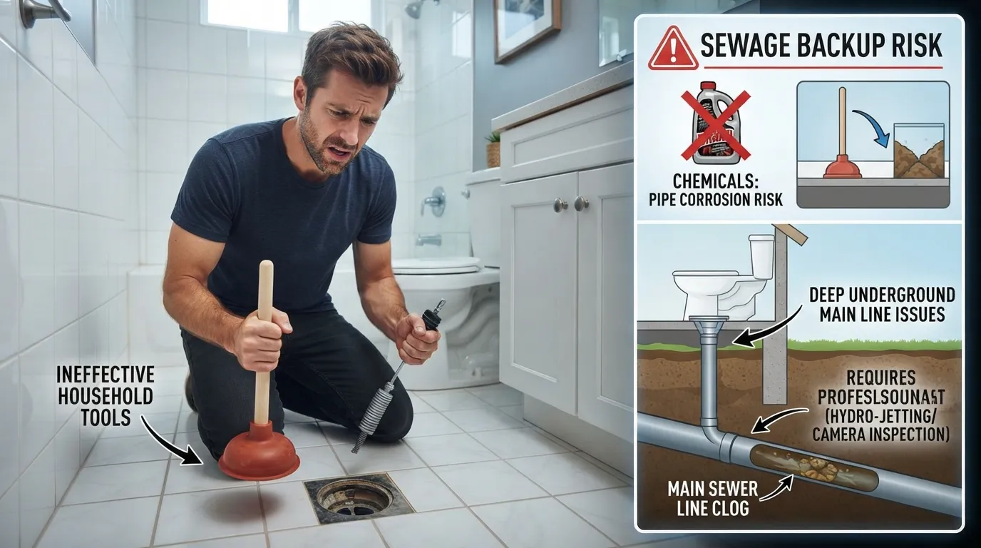 Homeowner looking confused while holding a plunger and searching online about DIY main sewer line blockage fixes.
