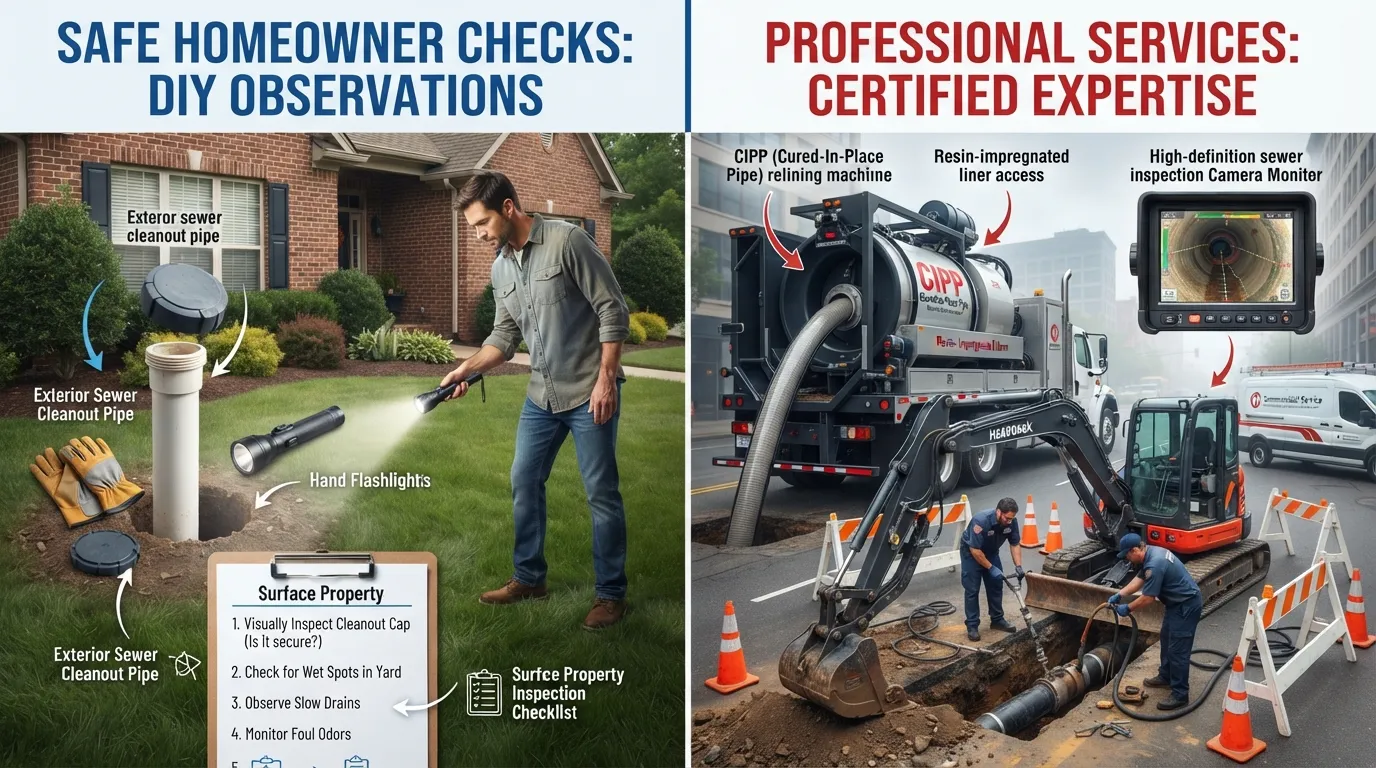 Homeowner looking at a plumbing cleanout pipe next to professional excavation and camera inspection tools representing DIY limits versus licensed plumber services.