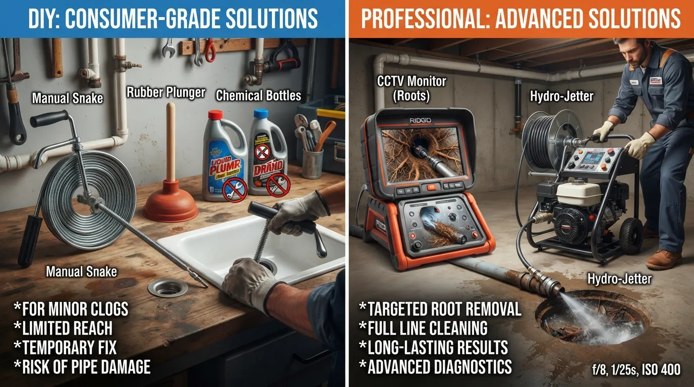Infographic comparing DIY hand tools with professional sewer hydro jetting and camera inspection equipment for main line backups.