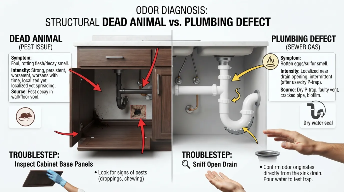Close-up view of an under-sink cabinet showing plumbing pipes next to a dark wall cavity where a pest inspection is needed to distinguish a dead rodent odor from a drain smell.