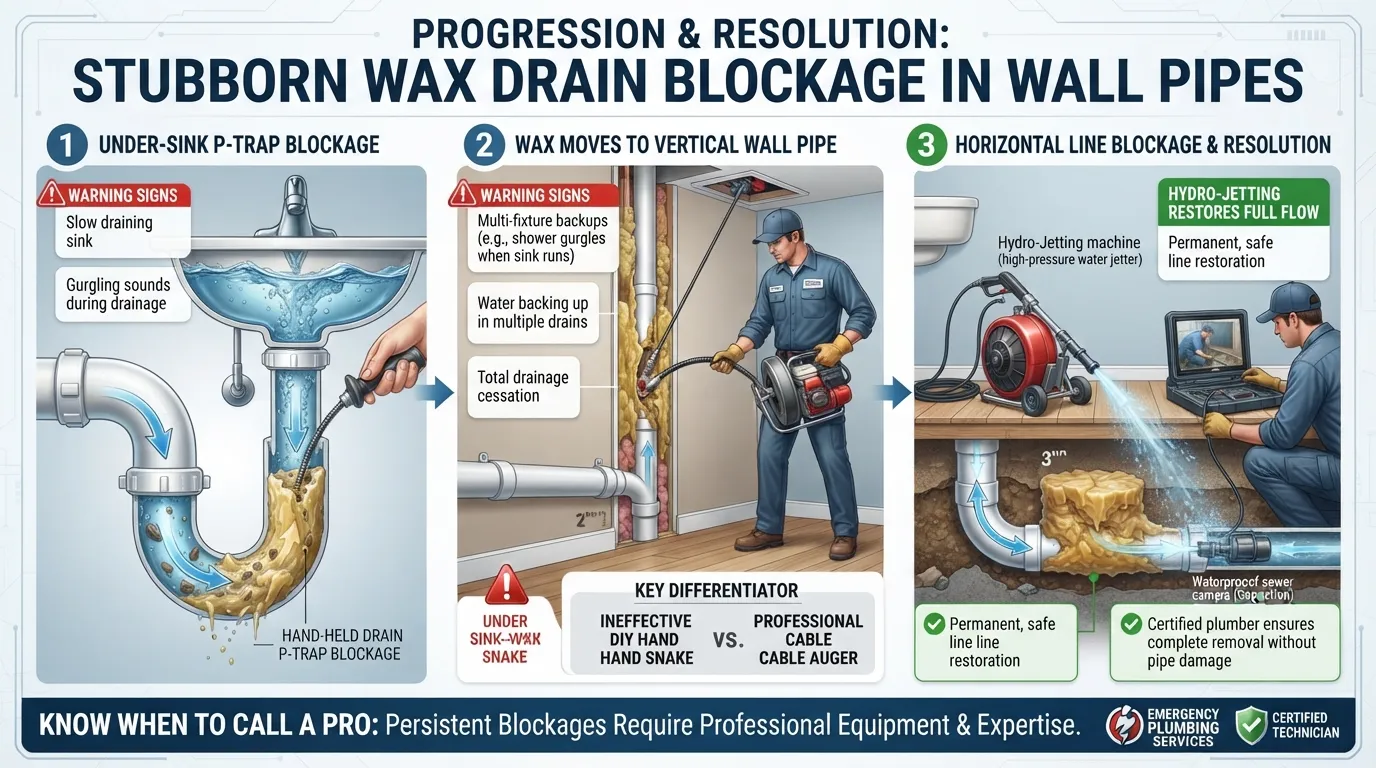 Licensed professional plumber using advanced diagnostic equipment to inspect a severe wax clog deep inside a residential wall pipe.