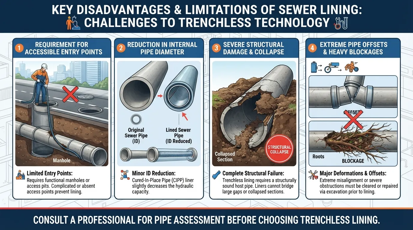 Infographic showing the limitations and disadvantages of trenchless sewer lining, including structural collapse, access requirements, and pipe diameter reduction.