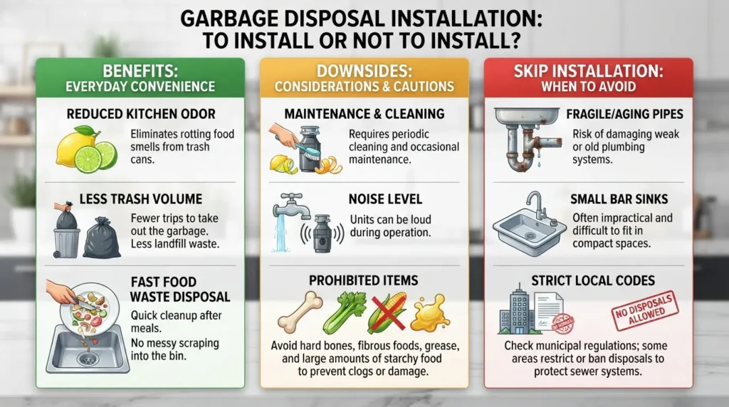A clean kitchen sink setup showing a garbage disposal unit, highlighting pros, cons, and when to skip installation.