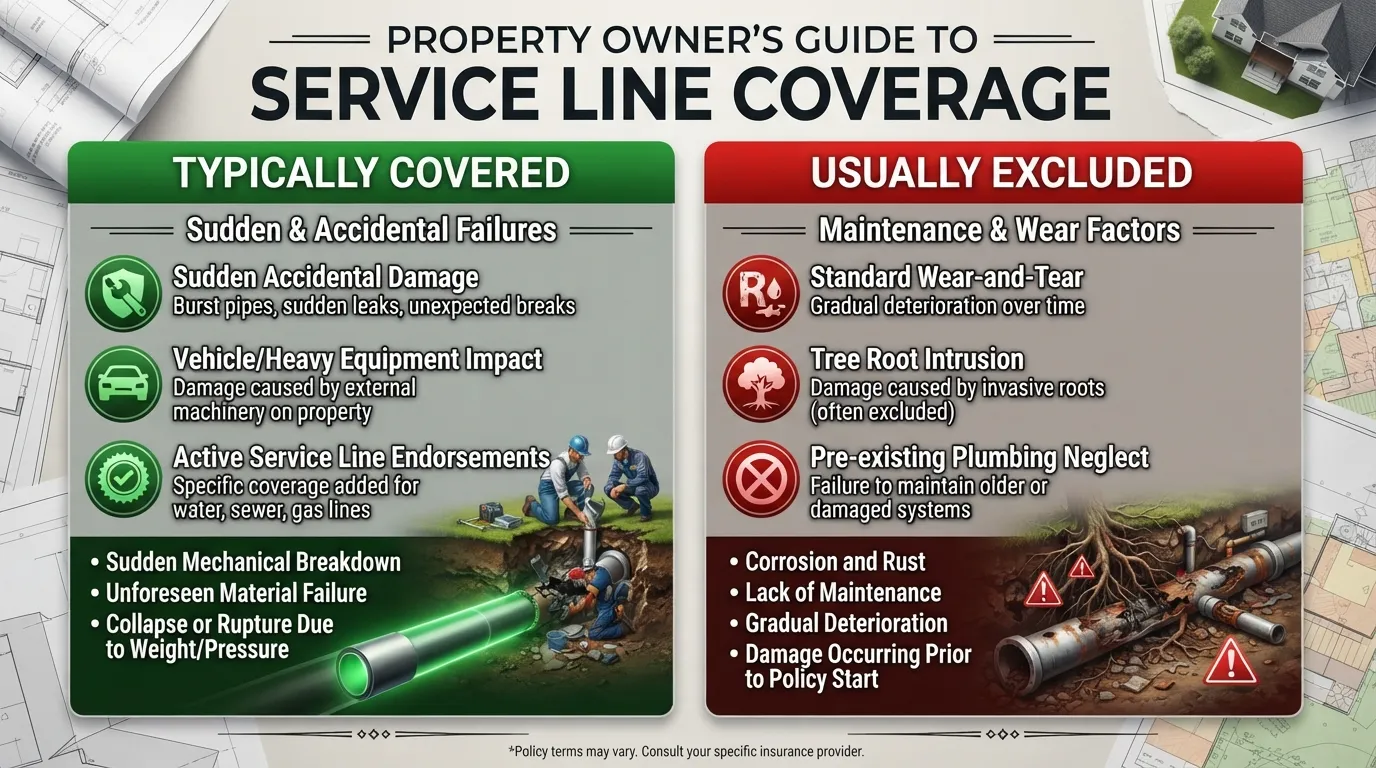 Infographic explaining homeowners insurance coverage rules for sewer line repairs and trenchless pipe lining