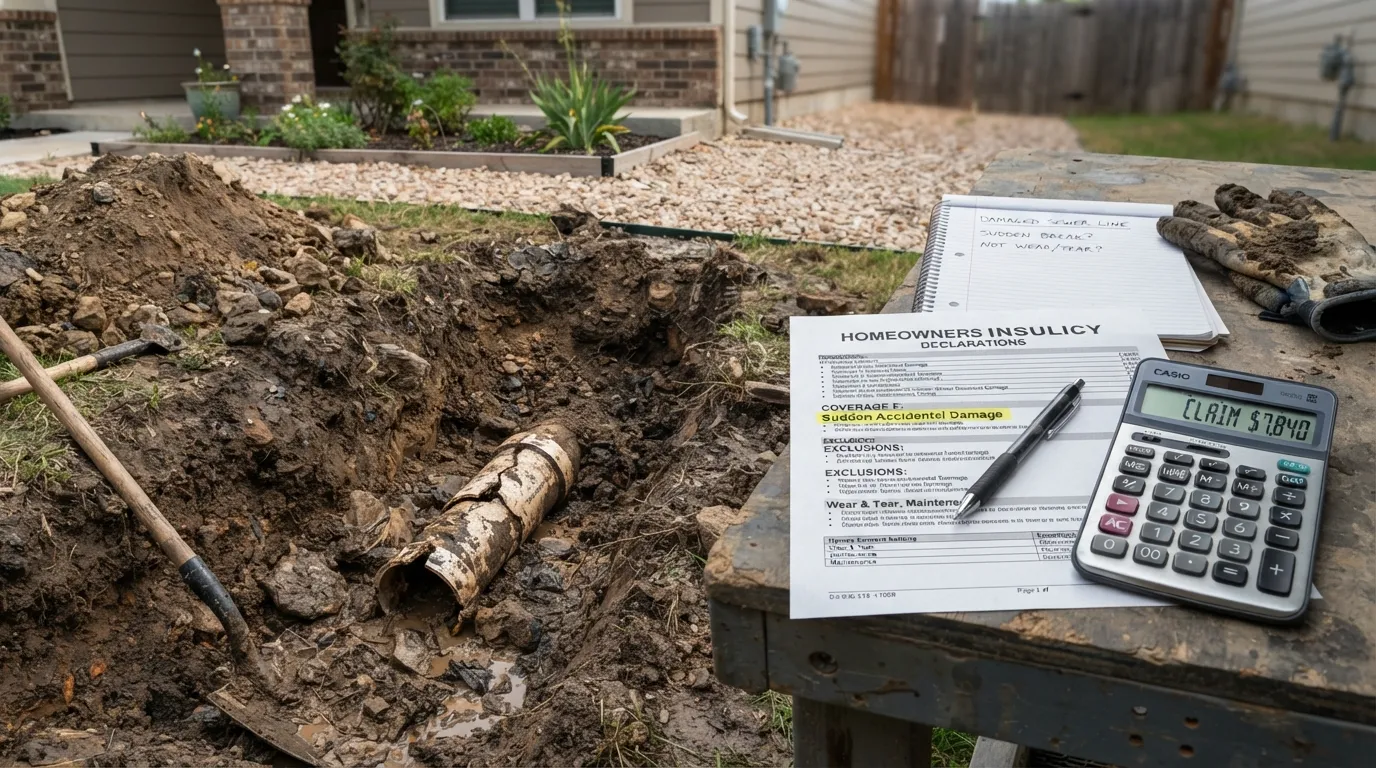 Close-up of a damaged underground sewer pipe next to an insurance policy document and a calculator, representing sewer line repair coverage assessment.