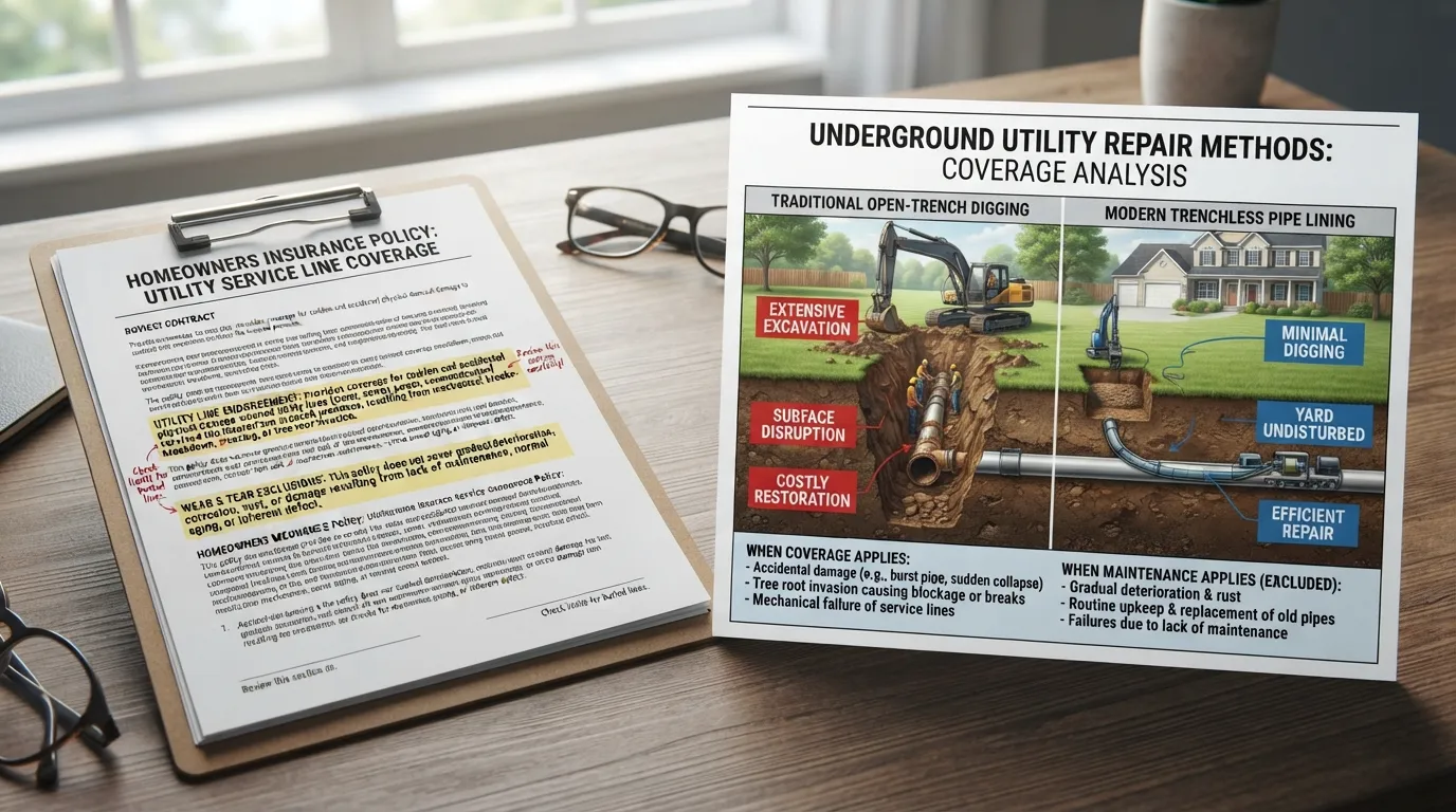 A close-up view of an insurance policy document detailing home plumbing coverage next to a plumbing pipe repair diagram.