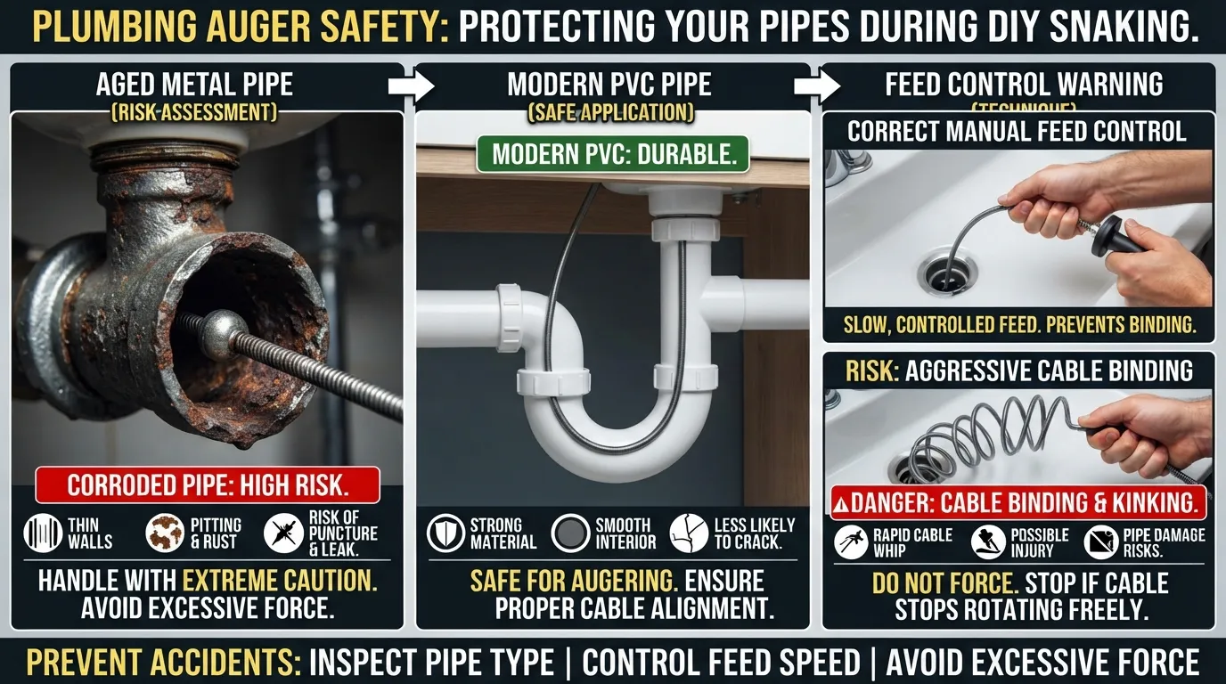 Plumber carefully inspecting residential pipes to show whether a drain snake causes damage to PVC, cast iron, or corroded metal plumbing.
