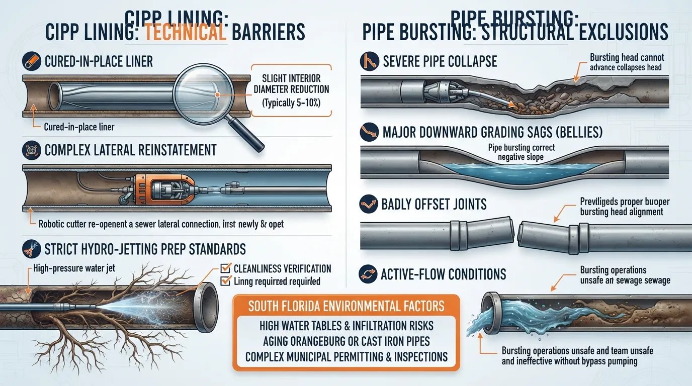 Infographic outlining the limitations and downsides of trenchless sewer repair, including structural collapses, bellies, and CIPP lining prep requirements.