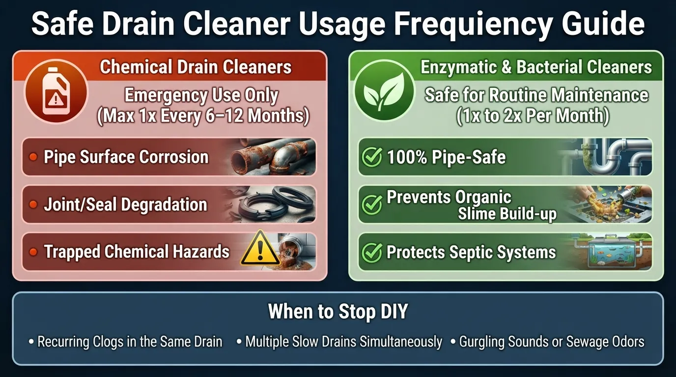 Infographic chart explaining safe drain cleaner usage frequency for chemical and enzymatic cleaners, highlighting signs when to call a professional plumber.