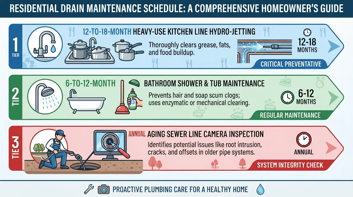 Infographic illustrating a recommended annual and semi-annual drain cleaning maintenance schedule for residential plumbing systems.