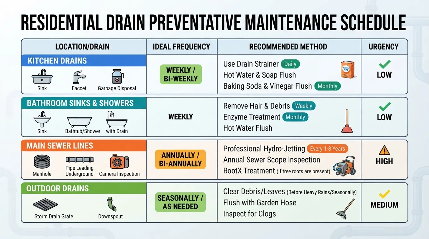 Comprehensive drain cleaning schedule chart showing recommended maintenance frequencies for kitchen, bathroom, toilet, and main sewer lines.