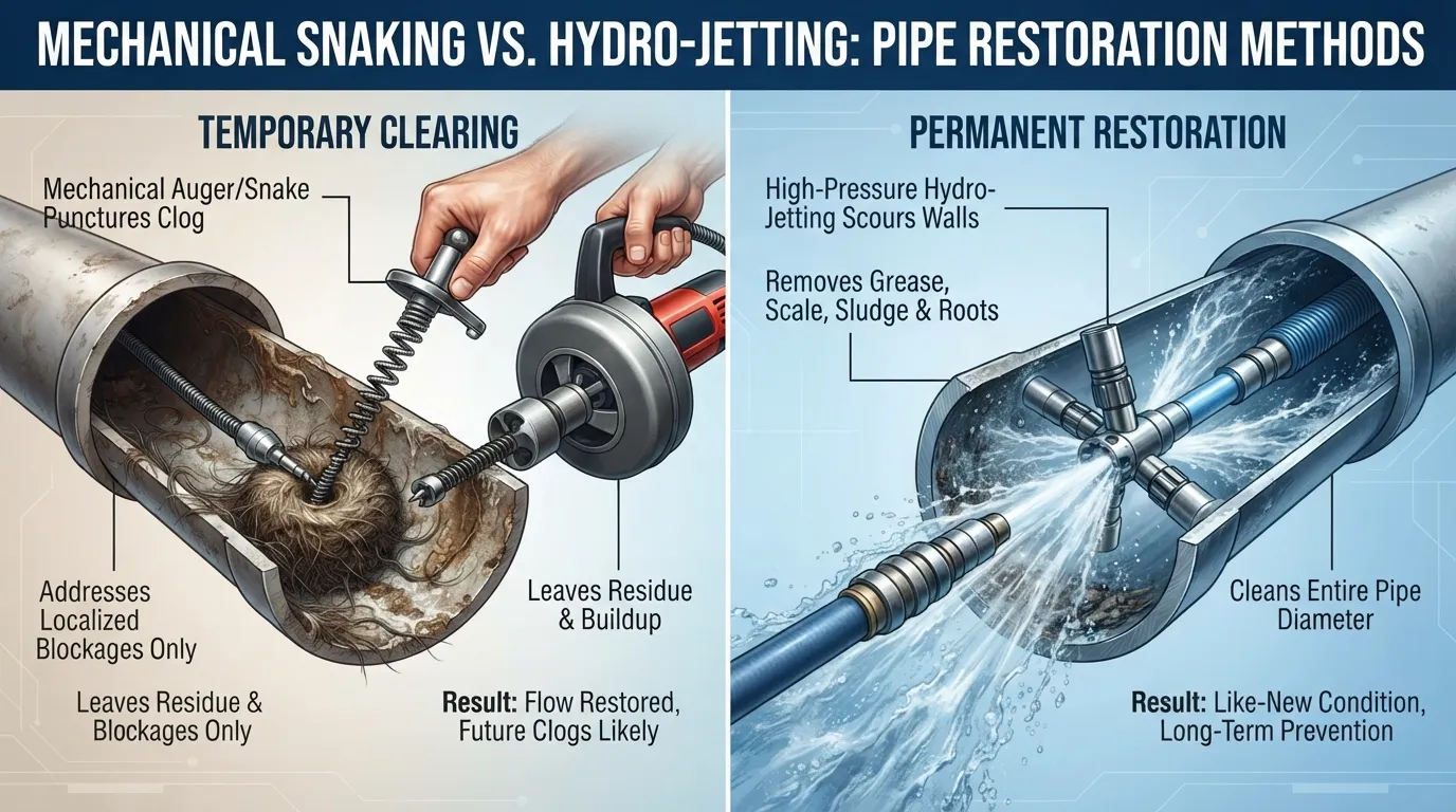 Professional plumber comparing a mechanical drain snake used for clearing clogs with a high-pressure hydro jetter used for comprehensive pipe cleaning.