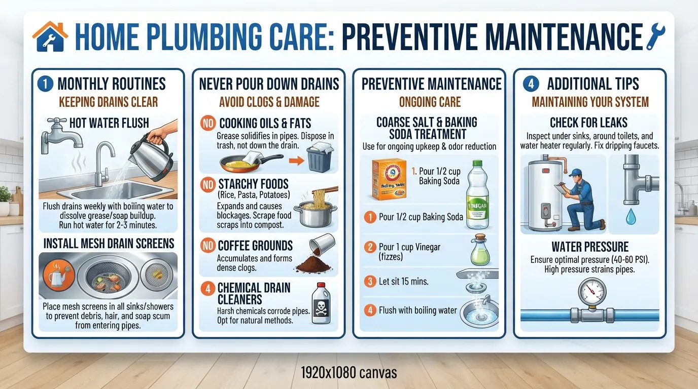 A comprehensive infographic and checklist outlining monthly maintenance routines, mesh drain screens, and items never to pour down household sinks.