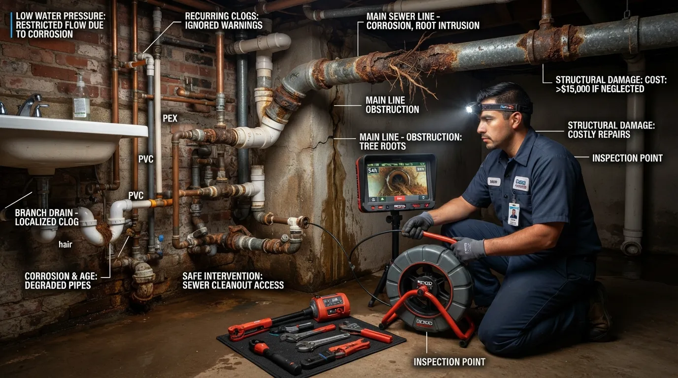 Professional plumber inspecting recurring drain clogs and low water pressure in a residential home.