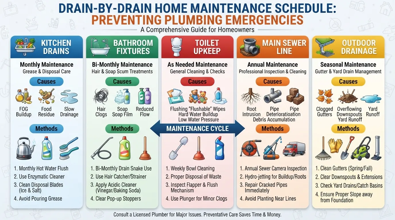 Comprehensive guide showing the recommended cleaning schedule and methods for kitchen, bathroom, toilet, main sewer line, and outdoor drains.