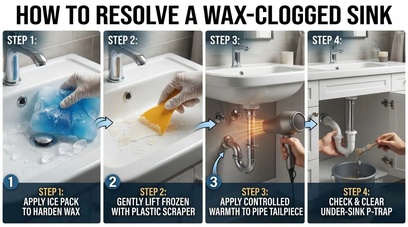 Step-by-step infographic showing how to remove wax from a sink using ice, a plastic scraper, a hairdryer, and the P-trap method.