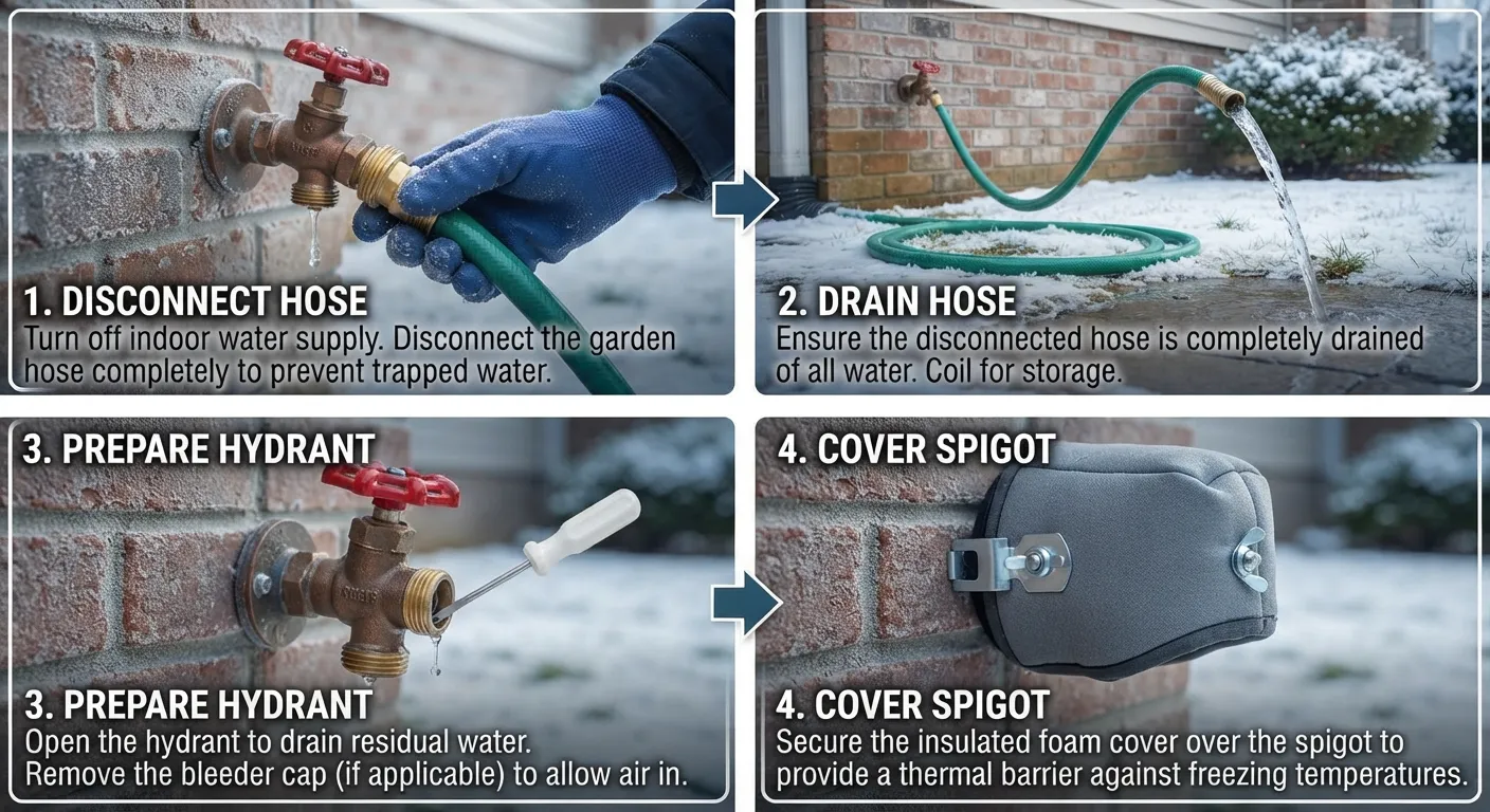 A homeowner inspecting outdoor plumbing and wrapping an exterior hose bib with an insulated cover to winterize the spigot before freezing temperatures arrive.