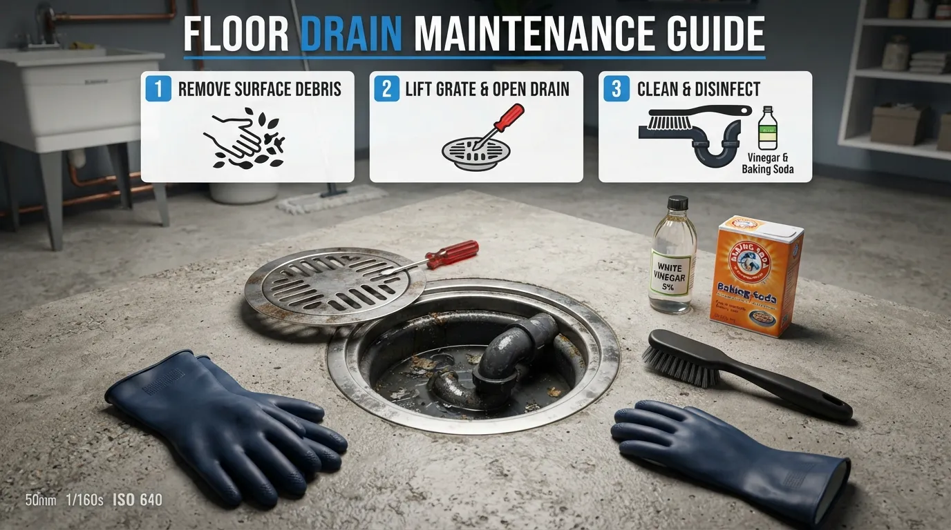 A close-up view of a homeowner performing routine floor drain maintenance, clearing debris from a metal drain grate, and keeping the P-trap clear to prevent clogs and sewer odors.