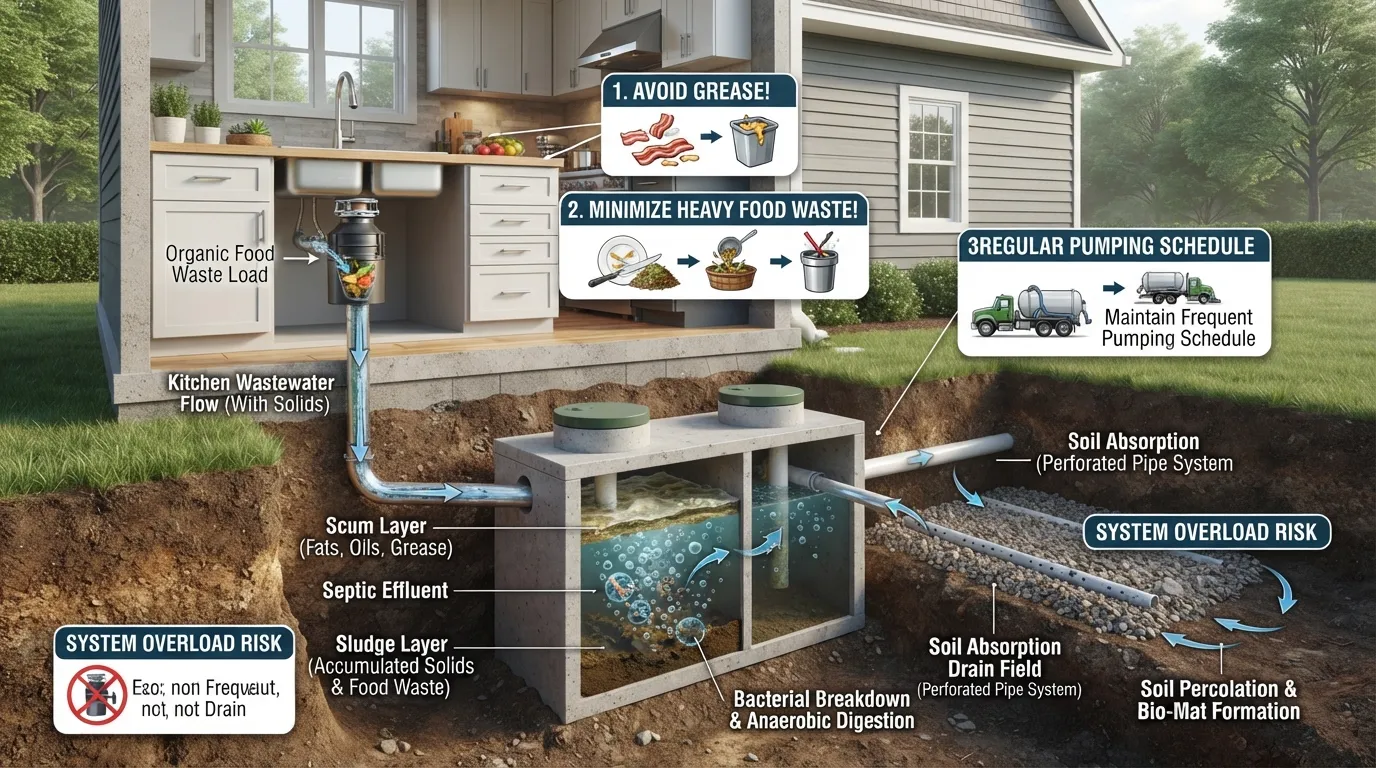 Diagram showing a kitchen garbage disposal connected to a residential septic tank and drain field system