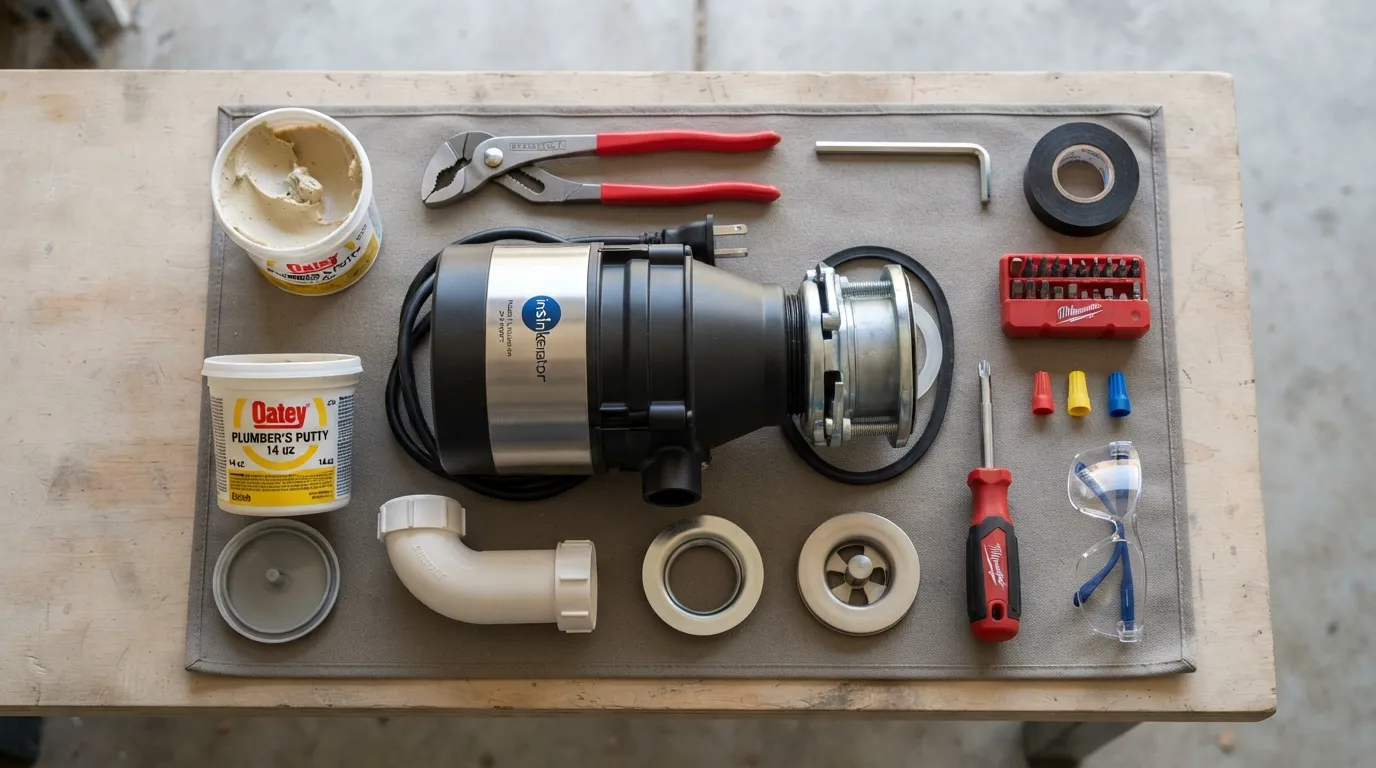 Flat lay photograph showing all required tools, plumbing supplies, and safety gear needed for a garbage disposal installation on a clean wooden workbench.