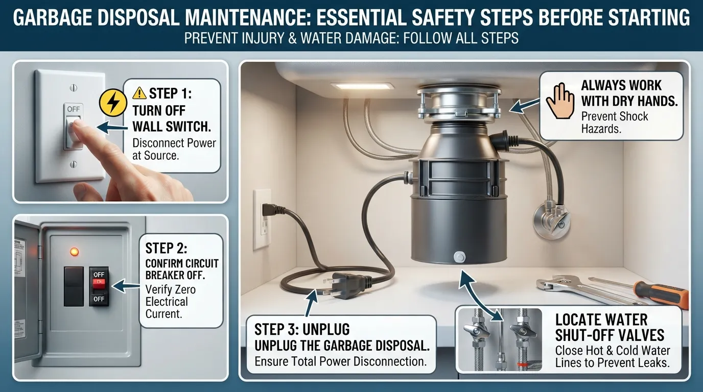 Plumber pointing to safety switches and shut-off valves before servicing a garbage disposal under a kitchen sink