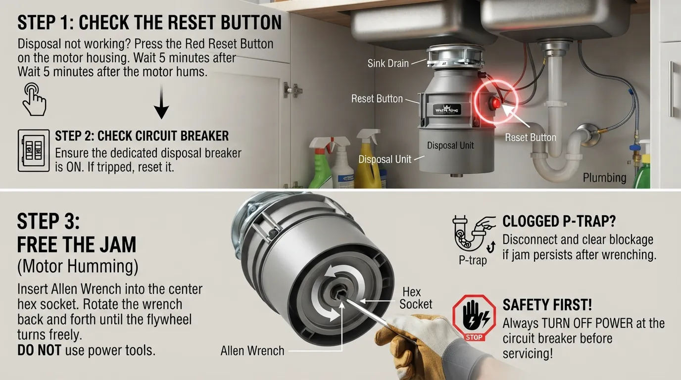 Close-up view of a homeowner using a hex wrench underneath a kitchen sink garbage disposal to clear a jammed motor while troubleshooting.