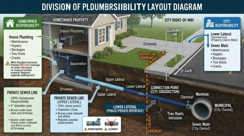 Diagram showing the boundary between private homeowner responsibility and municipal city responsibility for a sewer lateral line.